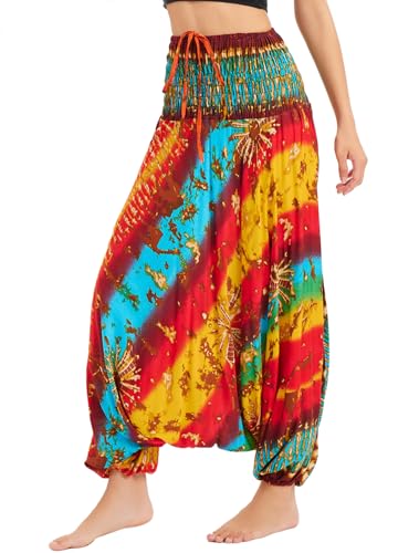 Nuofengkudu Damen Tiefer Schritt Hippie Haremshose Baggy Bunte Harem Jumpsuit Viskose Hose Leicht Dünn Luftig Wahrsagerin Kostüm Hosen Sommerhose Yogahose Haushose Einheitsgröße YanHuo Gelb Blau B von Nuofengkudu