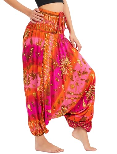 Nuofengkudu Damen Tiefer Schritt Hippie Haremshose Baggy Bunte Harem Jumpsuit Viskose Hose Leicht Dünn Luftig Wahrsagerin Kostüm Hosen Sommerhose Yogahose Haushose Einheitsgröße YanHuo Rot B von Nuofengkudu