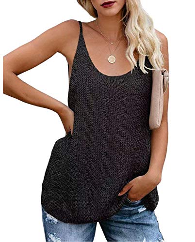 Nuofengkudu Damen ärmelloses Stricken Weste Tank Top Scoop Trägershirt Oberteil Schulterfrei Color Block Ladies Vest Loose Fit Tunika Strapspullover Cami-Shirts Sommer Strand(Schwarz,XL) von Nuofengkudu