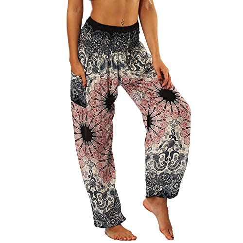 Nuofengkudu Frau Hippie Harems Hose Pumphose Haremshose Aladdinhosen Blumenmuster Gemustert Gesmockte Taille mit Taschen Yogahose Sommerhose Strandhose Grau Blume von Nuofengkudu