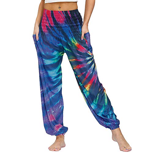 Nuofengkudu Frau Hippie Harems Hose Pumphose Haremshose Aladdinhosen Boho Gemustert Gesmockte Taille mit Taschen Yogahose Freizeithose Sommerhose Strandhose(Einheitsgröße,Y-Krawatte Gefärbt B) von Nuofengkudu