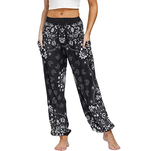 Nuofengkudu Frau Hippie Harems Hose Pumphose Haremshose Aladdinhosen Boho Gemustert Gesmockte Taille mit Taschen Yogahose Freizeithose Sommerhose Strandhose(Einheitsgröße,Y-Retro Blumen) von Nuofengkudu