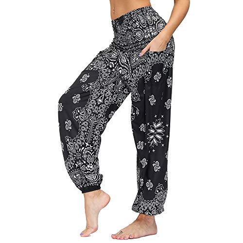 Nuofengkudu Frau Hippie Harems Hose Pumphose Haremshose Aladdinhosen Boho Gemustert Gesmockte Taille mit Taschen Yogahose Freizeithose Sommerhose Strandhose(Einheitsgröße,Y-Schwarz C) von Nuofengkudu