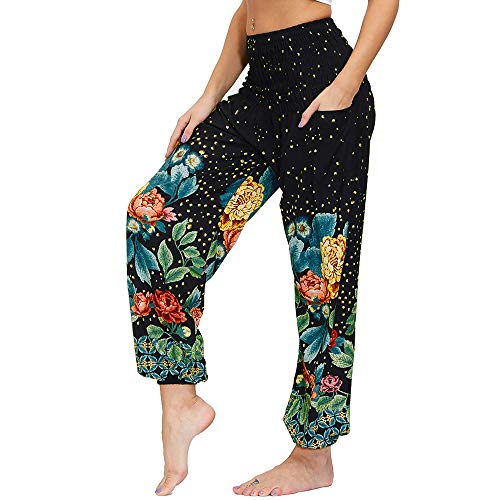 Nuofengkudu Frau Hippie Harems Hose Pumphose Haremshose Aladdinhosen Boho Gemustert Gesmockte Taille mit Taschen Yogahose Freizeithose Sommerhose Strandhose(Einheitsgröße,Y-Vintage Blume) von Nuofengkudu