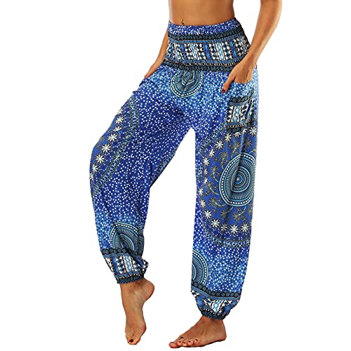 Nuofengkudu Frau Hippie Harems Hose Pumphose Haremshose Aladdinhosen Boho Gemustert Gesmockte Taille mit Taschen Yogahose Freizeithose Sommerhose Strandhose Blau Blume von Nuofengkudu