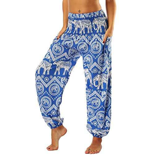 Nuofengkudu Frau Hippie Harems Hose Pumphose Haremshose Aladdinhosen Boho Gemustert Gesmockte Taille mit Taschen Yogahose Freizeithose Sommerhose Strandhose Blau Elefant von Nuofengkudu