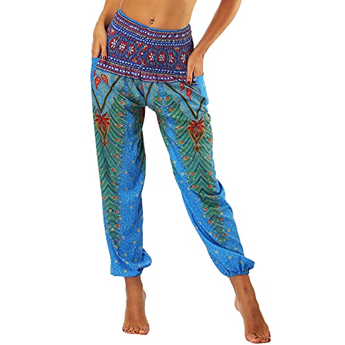 Nuofengkudu Frau Hippie Harems Hose Pumphose Haremshose Aladdinhosen Boho Gemustert Gesmockte Taille mit Taschen Yogahose Freizeithose Sommerhose Strandhose Blau Pfau Nuofengkudu Frau Hippie Harems Hose Pumphose Haremshose Aladdinhosen Boho Gemustert Gesmockte Taille mit Taschen Yogahose Freizeithose Sommerhose Strandhose Blau Pfau von Nuofengkudu