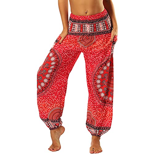 Nuofengkudu Frau Hippie Harems Hose Pumphose Haremshose Aladdinhosen Boho Gemustert Gesmockte Taille mit Taschen Yogahose Freizeithose Sommerhose Strandhose Rot Blume von Nuofengkudu