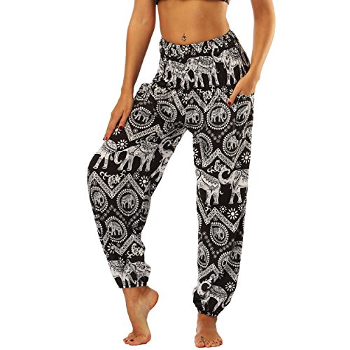 Nuofengkudu Frau Hippie Harems Hose Pumphose Haremshose Aladdinhosen Boho Gemustert Gesmockte Taille mit Taschen Yogahose Freizeithose Sommerhose Strandhose Schwarz Elefant von Nuofengkudu