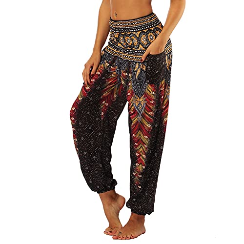 Nuofengkudu Frau Hippie Harems Hose Pumphose Haremshose Aladdinhosen Boho Gemustert Gesmockte Taille mit Taschen Yogahose Freizeithose Sommerhose Strandhose,Schwarz Pfau von Nuofengkudu