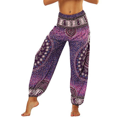 Nuofengkudu Frau Hippie Harems Hose Pumphose Haremshose Aladdinhosen Boho Gemustert Gesmockte Taille mit Taschen Yogahose Freizeithose Sommerhose Strandhose Violett Blume von Nuofengkudu