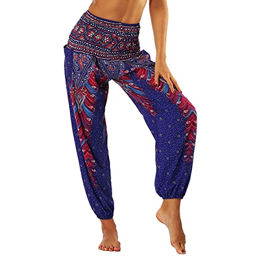 Nuofengkudu Frau Hippie Harems Hose Pumphose Haremshose Aladdinhosen Boho Gemustert Gesmockte Taille mit Taschen Yogahose Freizeithose Sommerhose Strandhose Violett Pfau von Nuofengkudu