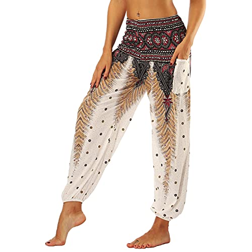 Nuofengkudu Frau Hippie Hose Pumphose Haremshose Aladdinhosen Boho Gemustert Gesmockte Taille mit Taschen Yogahose Freizeithose Sommerhose Strandhose Braun Pfau von Nuofengkudu