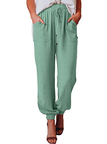 Nuofengkudu Frauen Haremshosen mit Taschen Gummizug Knöchellang Hippie Pumphosen Leichte Pluderhosen Luftige Bequeme Elegante Einfarbig Damenhosen Sommerhose Harem Trousers Casual Urlaubs Hellgrün XL von Nuofengkudu