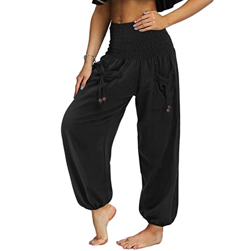 Nuofengkudu Frauen Hippie High Waist Haremshose Leicht Pumphose Harem Hosen Locker Schlicht Baggy Boho Viskose Pluderhose Yoga Pants Sommerhose Freizeithose Pyjamahose Thaihose Homewear Schwarz S von Nuofengkudu