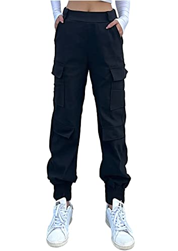 Nuofengkudu Haremshose Cargohose Damen Jogginghose Lockere Stretch High Waist 4 Taschen Cargo Hosen Y2k Jogger Track Pants Joggpants Gothic Vintage Arbeitshose Streetwear Outdoorhose Schwarz M von Nuofengkudu