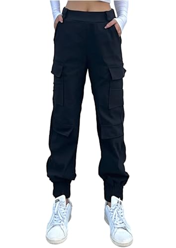 Nuofengkudu Haremshose Cargohose Damen Jogginghose Stretch High Waist Gummizug 4 Taschen Cargo Hosen Y2k Jogger Track Pants Joggpants Gothic Vintage Arbeitshose Streetwear Outdoorhose Schwarz M von Nuofengkudu