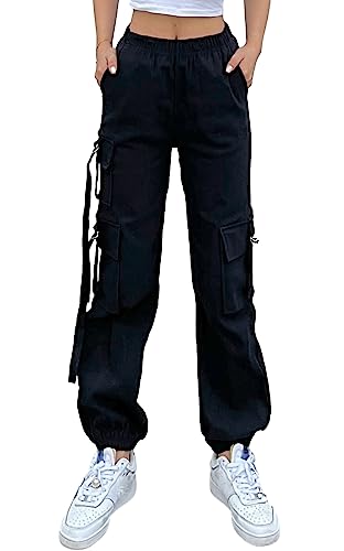 Nuofengkudu Haremshose Cargohose Damen Jogginghose Stretch High Waist Gummizug 5 Taschen Cargo Hosen Y2k Jogger Track Pants Joggpants Gothic Vintage Arbeitshose Streetwear Outdoorhose Schwarz S von Nuofengkudu