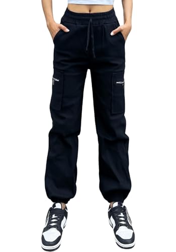 Nuofengkudu Haremshose Cargohose Damen Jogginghose Stretch High Waist Gummizug Kordelzug Reissverschluss Taschen Cargo Hosen Y2K Jogger Pants Joggpants Gothic Vintage Streetwear Outdoorhose Schwarz M von Nuofengkudu