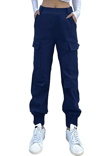 Nuofengkudu Haremshose Cargohose Damen Jogginghose Stretch High Waist Gummizug 4 Taschen Cargo Hosen Y2k Jogger Track Pants Joggpants Gothic Vintage Arbeitshose Streetwear Outdoorhose Marineblau XL von Nuofengkudu