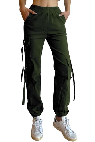 Nuofengkudu Haremshose Cargohose Damen Jogginghose Stretch High Waist Gummizug 5 Taschen Cargo Hosen Y2k Jogger Track Pants Joggpants Gothic Vintage Arbeitshose Streetwear Outdoorhose Grün L von Nuofengkudu