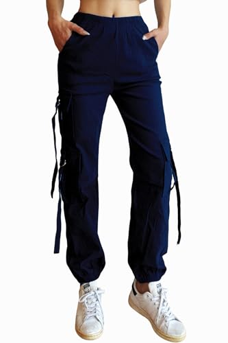 Nuofengkudu Haremshose Cargohose Damen Jogginghose Stretch High Waist Gummizug 5 Taschen Cargo Hosen Y2k Jogger Track Pants Joggpants Gothic Vintage Arbeitshose Streetwear Outdoorhose Marineblau L von Nuofengkudu