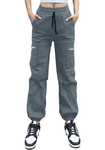 Nuofengkudu Haremshose Cargohose Damen Jogginghose Stretch High Waist Gummizug Kordelzug Reissverschluss Taschen Cargo Hosen Y2K Jogger Pants Joggpants Gothic Vintage Streetwear Outdoorhose Grau M von Nuofengkudu