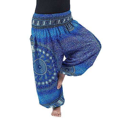 Nuofengkudu Herren Damen Lockere Hippie Hosen Haremshose Große Größen Boho Bbunte Pumphosen Stoffhose Indische Yogahosen Leichte Sommerhose (Blau Floral,One Size) von Nuofengkudu