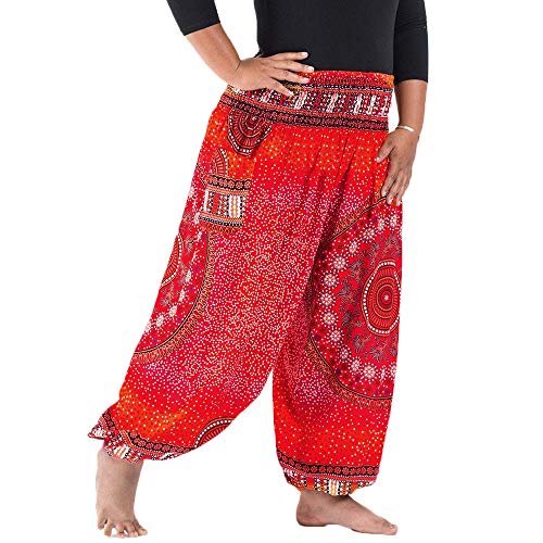 Nuofengkudu Herren Damen Lockere Hippie Hosen Haremshose Große Größen Boho Bbunte Pumphosen Stoffhose Indische Yogahosen Leichte Sommerhose (Rot Floral,One Size) von Nuofengkudu