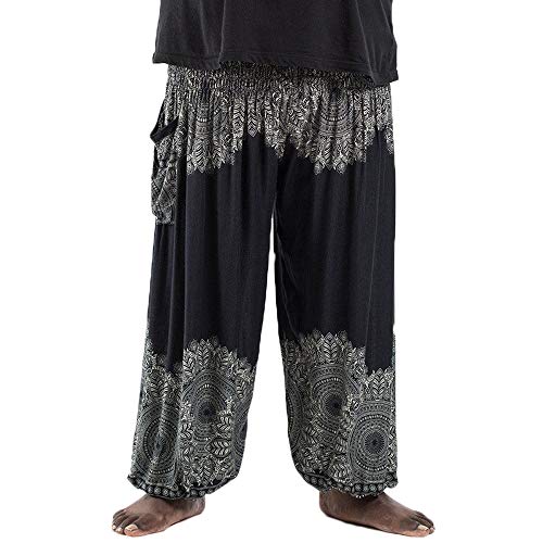 Nuofengkudu Herren Damen Lockere Hippie Hosen Haremshose Große Größen Boho Bbunte Pumphosen Stoffhose Indische Yogahosen Leichte Sommerhose (Schwarz Floral,One Size) von Nuofengkudu