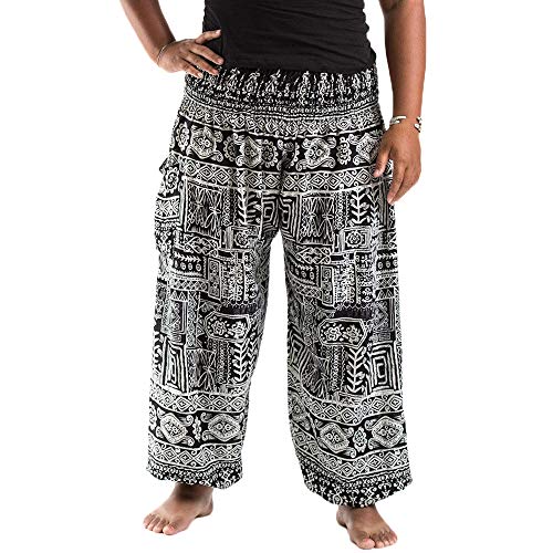 Nuofengkudu Herren Damen Lockere Hippie Hosen Haremshose Große Größen Boho Bbunte Pumphosen Stoffhose Indische Yogahosen Leichte Sommerhose (Schwarz Geometric Shape,One Size) von Nuofengkudu