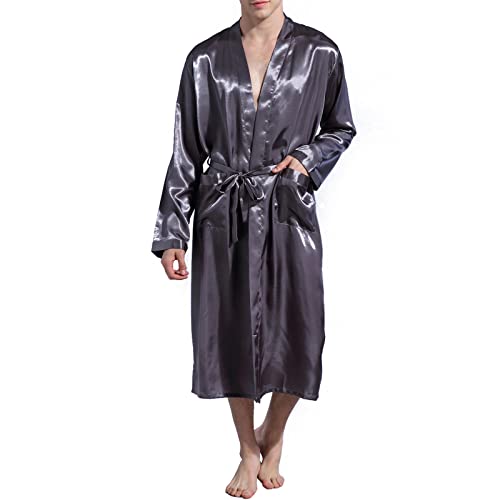 Nuofengkudu Herren Unisex Bademantel Satin Langen Kimono Morgenmantel Leicht Reisebademantel Schlafanzug Reise Saunamantel Hochzeit Geschenk(Grau,L) von Nuofengkudu