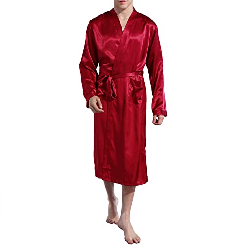 Nuofengkudu Herren Unisex Bademantel Satin Langen Kimono Morgenmantel Leicht Reisebademantel Schlafanzug Reise Saunamantel Hochzeit Geschenk(Rot,M) von Nuofengkudu