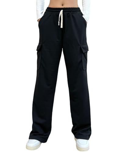 Nuofengkudu Jogginghose Damen Weites Gerades Bein Gummizug Tunnelzug Cargo 4 Taschen Lang Einfarbig Sporthose Bequeme Joggers Laufhose Teen-Mädchen Sweatpants Sportlich Freizeithose Casual Schwarz M von Nuofengkudu