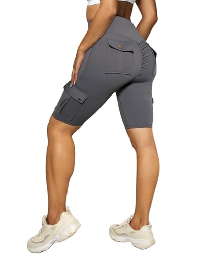 Nuofengkudu Kurze Sporthose Damen Booty Scrunch High Waist 4 Tasche Knielang Sport Cargo Sommer Bermuda Shorts Radlerhose Leggings Kurz Sportleggings Hose Sporthose Wandershorts Grau 2XL von Nuofengkudu