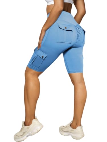 Nuofengkudu Kurze Sporthose Damen Booty Scrunch High Waist 4 Tasche Knielang Sport Cargo Sommer Bermuda Shorts Radlerhose Leggings Kurz Sportleggings Hose Sporthose Wandershorts Himmelblau S von Nuofengkudu