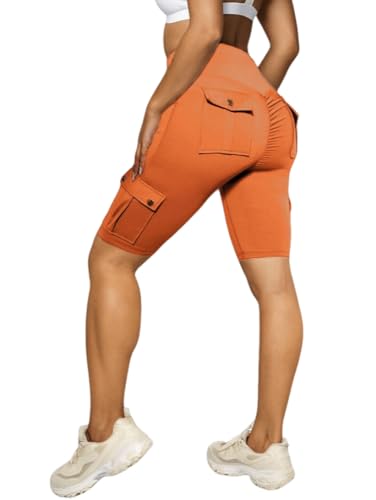Nuofengkudu Kurze Sporthose Damen Booty Scrunch High Waist 4 Tasche Knielang Sport Cargo Sommer Bermuda Shorts Radlerhose Leggings Kurz Sportleggings Hose Sporthose Wandershorts Orange 3XL von Nuofengkudu