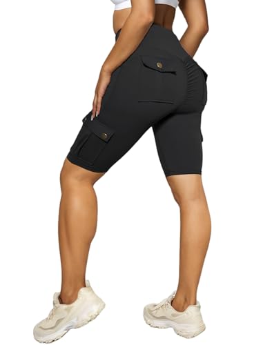 Nuofengkudu Kurze Sporthose Damen Booty Scrunch High Waist 4 Tasche Knielang Sport Cargo Sommer Bermuda Shorts Radlerhose Leggings Kurz Sportleggings Hose Sporthose Wandershorts Schwarz 3XL von Nuofengkudu