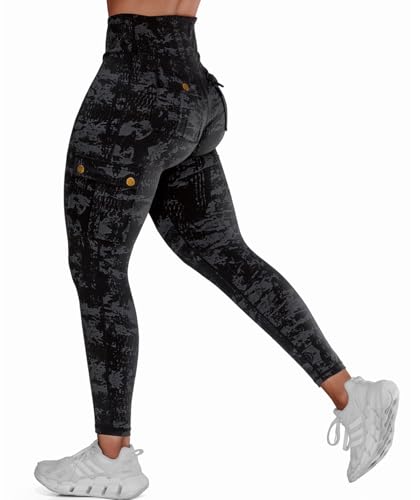 Nuofengkudu Muster Sport Leggings Damen Taschen High Waist Booty Gym Blickdicht Sportleggins Push up Stretch Arbeitshose Fitness Sporthose Laufhose Jogginghose Workout Jeggings Z-Schwarz A 2XL von Nuofengkudu