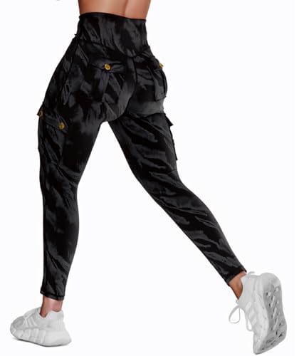 Nuofengkudu Muster Sport Leggings Damen Taschen High Waist Booty Gym Blickdicht Sportleggins Push up Stretch Arbeitshose Fitness Sporthose Laufhose Jogginghose Workout Jeggings Z-Schwarz B L von Nuofengkudu