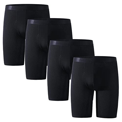 Nuofengkudu Netz Mesh Eisseide Boxershorts Herren Retroshorts Langes Bein Unterwäsche Coole Bulge Stretch Männer Unterhosen Bequeme Nahtlos Atmungsaktive Underwear 4 Pack Schwarz 2XL von Nuofengkudu