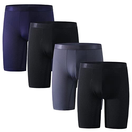 Nuofengkudu Netz Mesh Eisseide Boxershorts Herren übergröße Retroshorts Langes Bein Unterwäsche Coole Bulge Stretch Männer Unterhosen Bequeme Atmungsaktive Underwear 4 Pack-Grau/Blau/2 Schwarz 5XL von Nuofengkudu