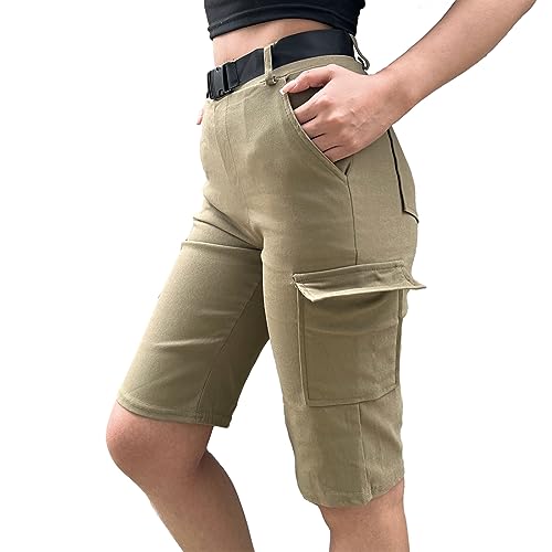 Nuofengkudu Petite Cargohose Damen Kurz Hosen mit Tasche Knielang Stretch High Waist Sommer Kurze Arbeitshose Joggpants Freizeithose Teenager Mädchen Leicht Y2k Sport Jogging Shorts Khaki,S von Nuofengkudu