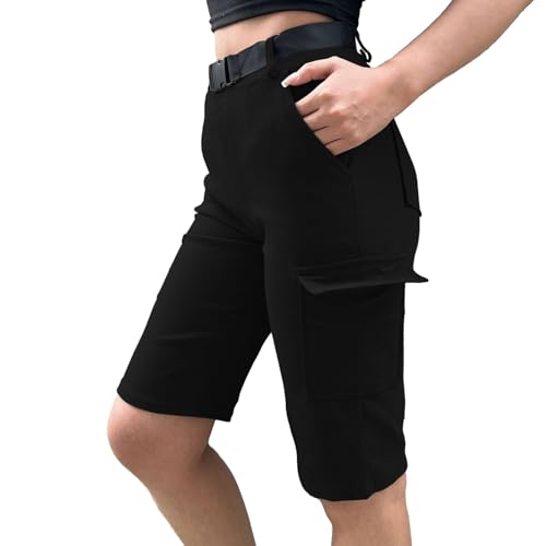Nuofengkudu Petite Cargohose Damen Kurz Hosen mit Tasche Knielang Stretch High Waist Sommer Kurze Arbeitshose Joggpants Freizeithose Teenager Mädchen Leicht Y2k Sport Jogging Shorts Schwarz,2XL von Nuofengkudu