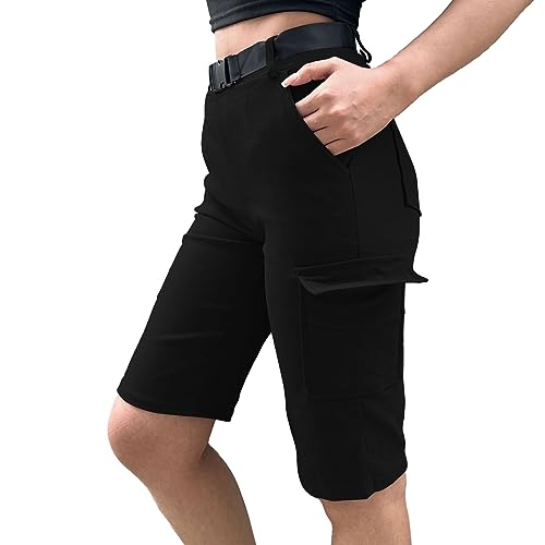 Nuofengkudu Petite Cargohose Damen Kurz Hosen mit Tasche Knielang Stretch High Waist Sommer Kurze Arbeitshose Joggpants Freizeithose Teenager Mädchen Leicht Y2k Sport Jogging Shorts Schwarz,L von Nuofengkudu