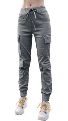 Nuofengkudu Petite Damen Cargo Stretch Harem Hosen Teenager Jugendlich Mädchen Haremshose mit Taschen Gummizug High Waist Knöchellang Jogginghose Jogger Freizeithose Outdoor Mode Casual Grau XL von Nuofengkudu