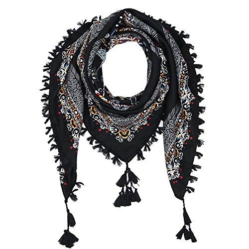 Nuofengkudu Schals Damen Umschlagtuch Retro Floral Ethno Drucken Große Platz Nacken Wärmer Schal mit Quaste Schalcape Wraps 110 * 110CM Schwarz von Nuofengkudu