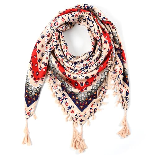 Nuofengkudu Schals Damen Umschlagtuch Retro Floral Ethno Drucken Große Platz Nacken Wärmer Schal mit Quaste Schalcape Wraps 110 * 110CM X-Farbe 46 von Nuofengkudu
