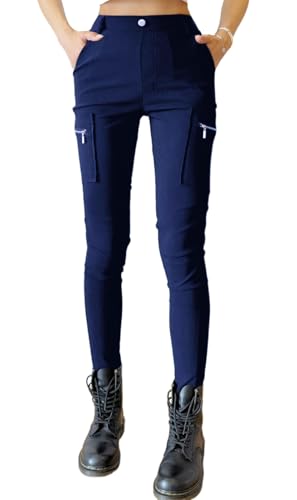 Nuofengkudu Slim Fit Damen Cargohose Zip Taschen High Waist Leggings Stretch Figurbetont Arbeitshose Pull On Tapered Hose Skinny Combat Cargo Pants Belt Loops Gothic Streetwear Alltag Marineblau XL von Nuofengkudu