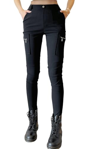 Nuofengkudu Slim Fit Damen Cargohose Zip Taschen High Waist Leggings Stretch Figurbetont Arbeitshose Pull On Tapered Hose Skinny Combat Cargo Pants Belt Loops Gothic Streetwear Alltag Schwarz 2XL von Nuofengkudu